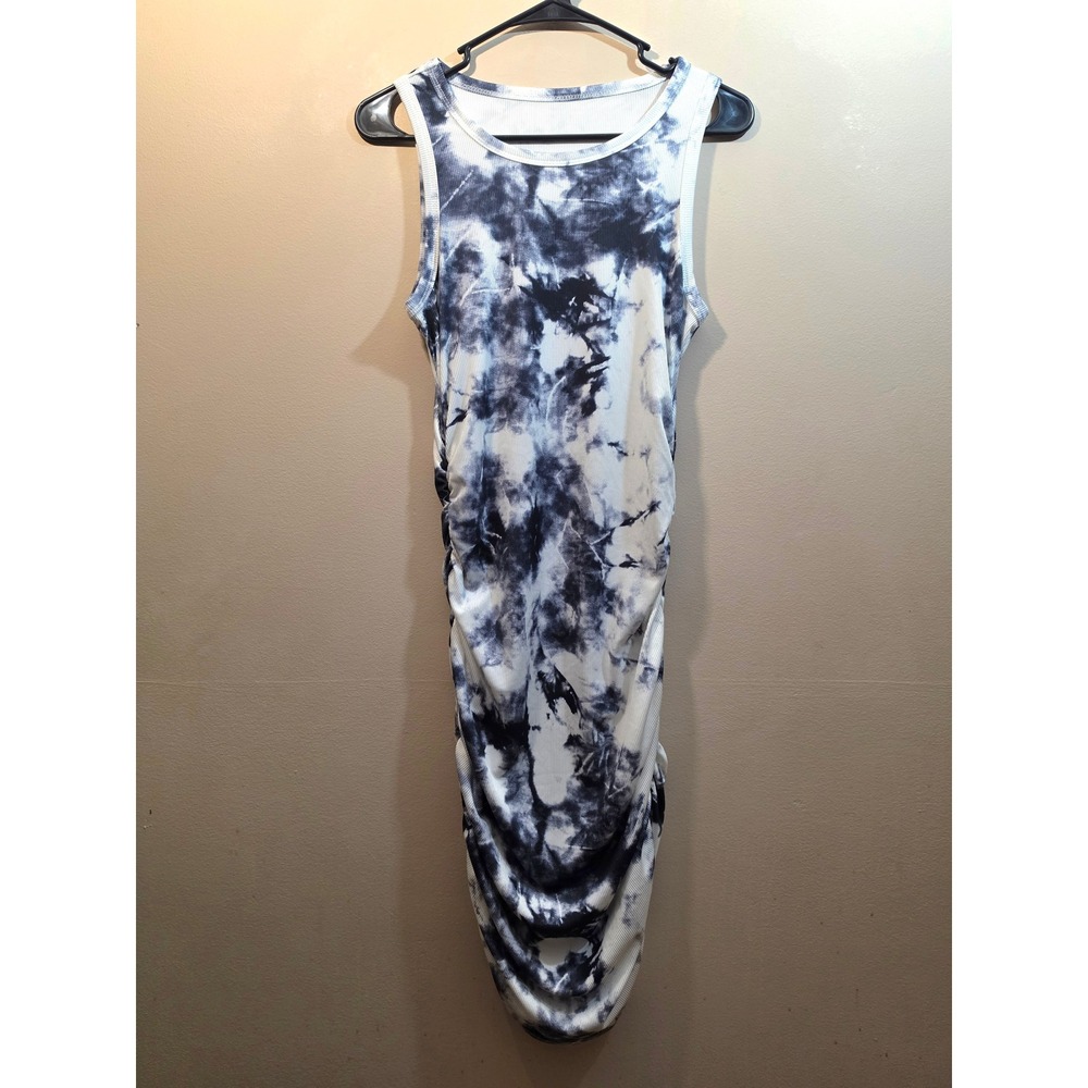 SHEIN SXY Blue White Tie Dye Ribbed Ruched Bodycon Midi Dress Size Medium NEW